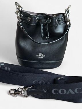 Coach Black Leather Drawstring Bucket Bag with Logo Strap